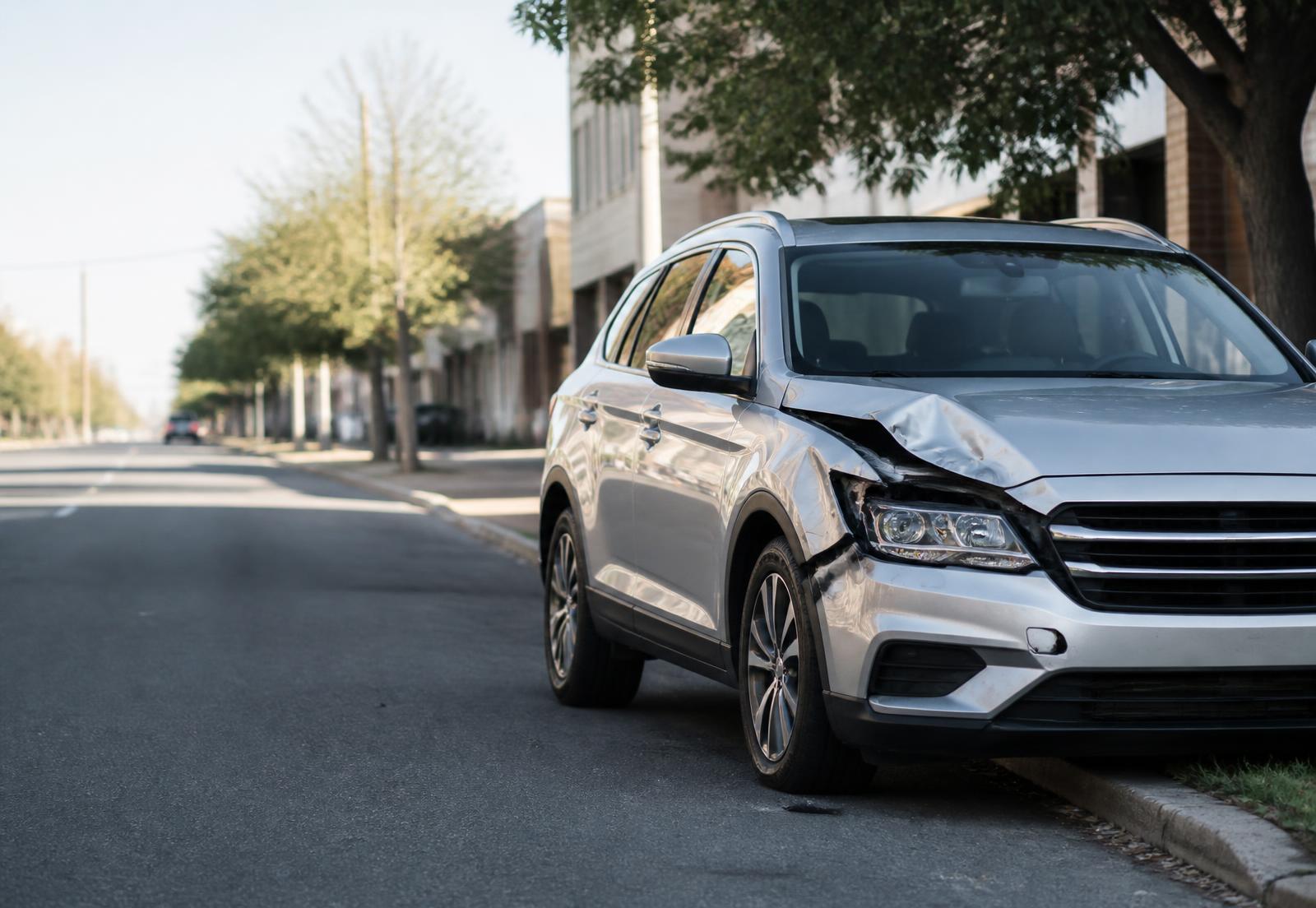 Damaged silver crossover parked on a city street after a collision